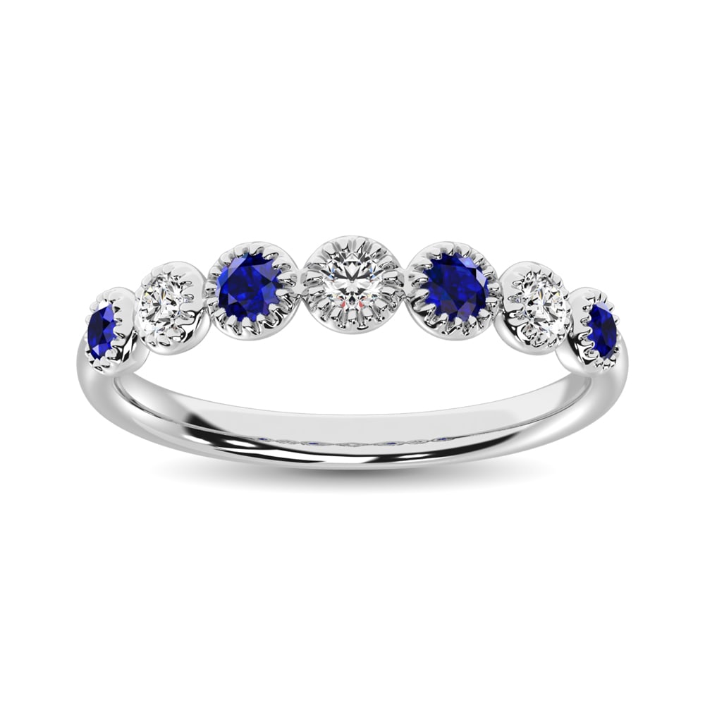 Diamond 1/5 Ct.Tw. And Blue Sapphire Stack Band in 14K White Gold ( 3 Diamond and 4 Blue Sapphire ): Diamond 1/5 Ct.Tw. And Blue Sapphire Stack Band in 14K White Gold ( 3 Diamond and 4 Blue Sapphire ) 14k White Gold Stone Color: G-h Stone Clarity: I1 Each ring is presented in standard size 6.5. Compl