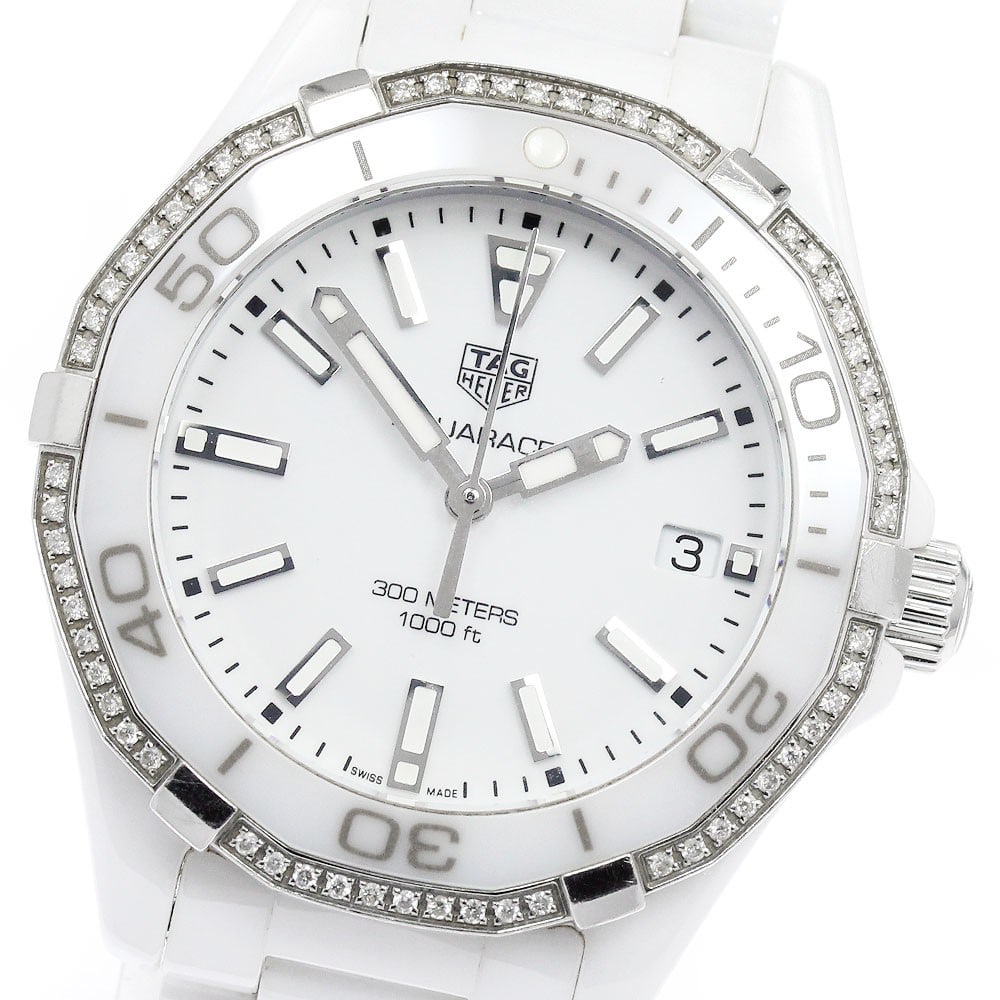 TAG Heuer Aquaracer Quartz Womens Watch WAY1396.BH0717 Diamond Bezel White Dial: TAG Heuer Aquaracer Quartz Womens Watch WAY1396.BH0717 Diamond Bezel White Dial TAG Heuer Aquaracer women's wristwatch with a quartz movement, white dial, and date display. This Japan-market reference