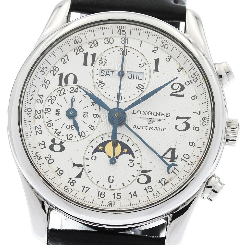 Longines Master Collection automatic moon phase chronograph watch L2.673.4: Longines Master Collection automatic moon phase chronograph watch L2.673.4 Longines Master Collection men's wristwatch with automatic movement and a silver dial. This reference L2.673.4 features tripl