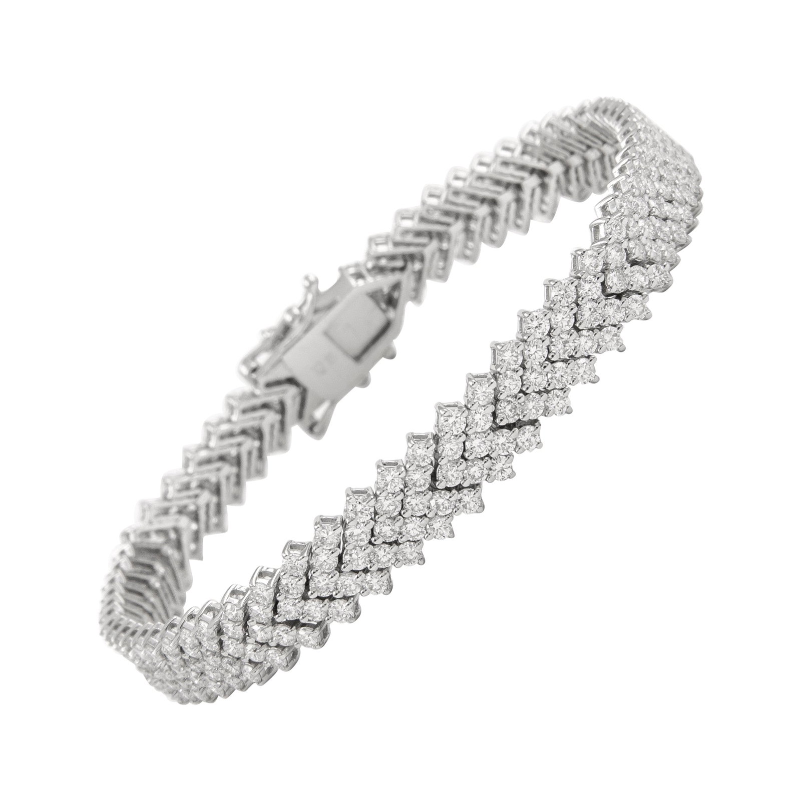18k White Gold 6.55ct Five Row Diamond Tennis Bracelet: 18k White Gold 6.55ct Five Row Diamond Tennis Bracelet Five-row diamond bracelet in 18k white gold, set with 305 round-cut white diamonds totaling 6.55 carats. This modern bracelet was made in the Uni