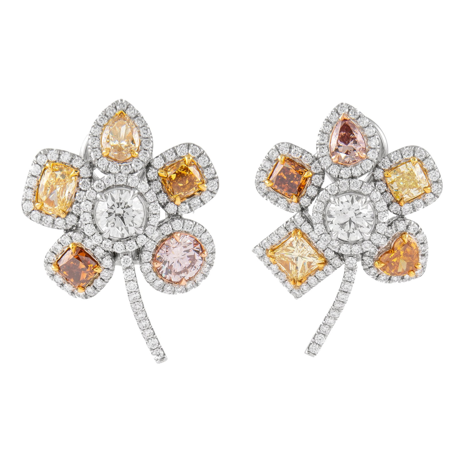 Floral Diamond Earrings 7.52ct GIA 18k Gold: Floral Diamond Earrings 7.52ct GIA 18k Gold GIA-certified floral earrings set with 7.52 ct total weight of fancy color and white diamonds. The design features 10 fancy color diamonds, including 2 GIA-