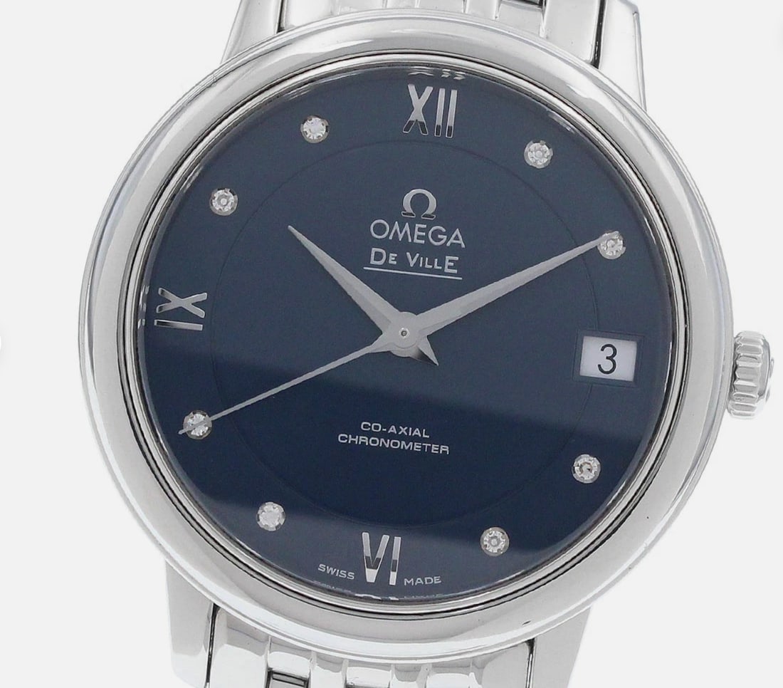 Omega De Ville Prestige Diamonds ladies watch blue dial bracelet card 2021: Omega De Ville Prestige Diamonds ladies watch blue dial bracelet card 2021 Omega De Ville Prestige Diamonds ladies watch with a blue dial, smooth bezel, and bracelet. Includes card dated 2021. Specifi