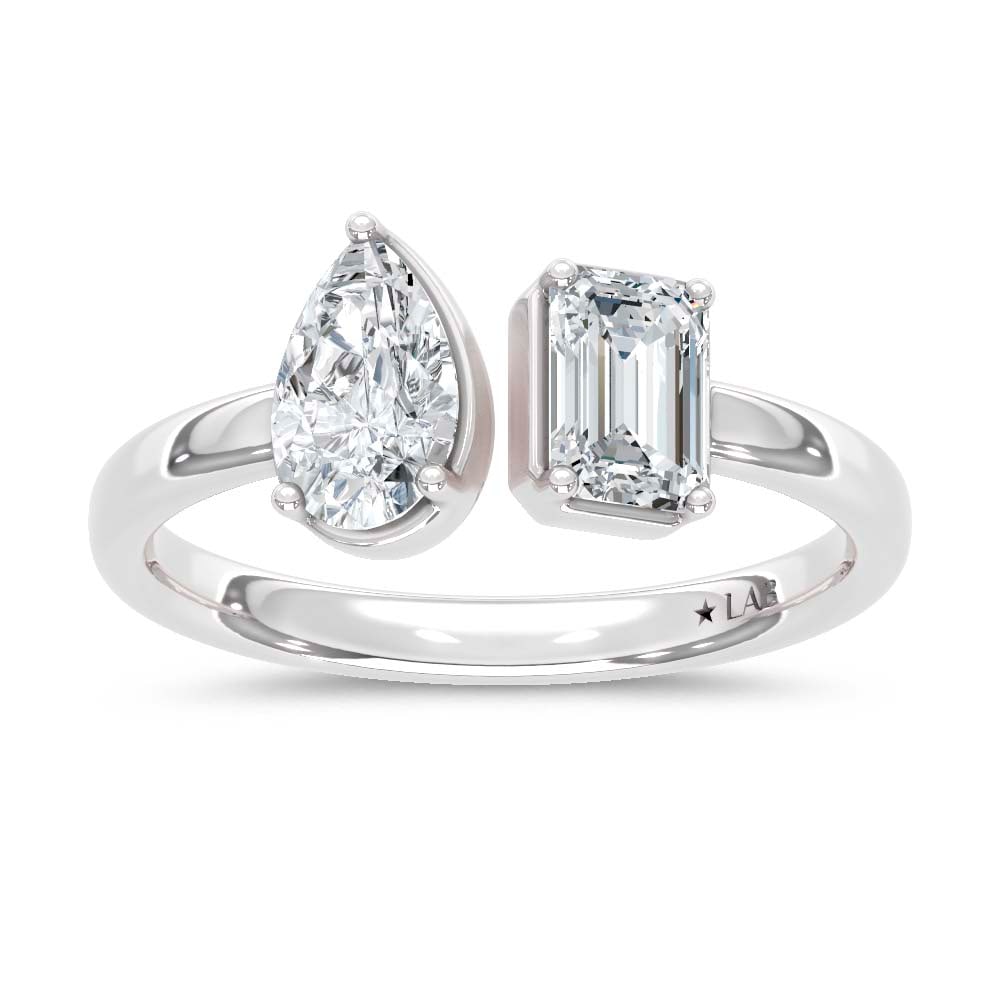 14K White Gold Lab Grown Diamond 1 Ct.Tw. Emerald and Pear Shape Two Stone Ring: 14K White Gold Lab Grown Diamond 1 Ct.Tw. Emerald and Pear Shape Two Stone Ring Crafted in sleek 14K White Gold, this two-stone ring showcases emerald and pear-shaped lab grown diamonds totaling 1 Ct.