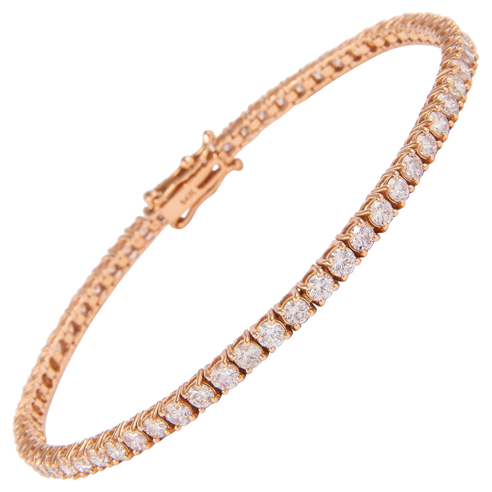 Diamond Tennis Bracelet 3.65 ct 14K Rose Gold: Diamond Tennis Bracelet 3.65 ct 14K Rose Gold Diamond tennis bracelet set with 63 round brilliant white diamonds totaling 3.65 carats in 14k rose gold. The diamonds are approximately G/H color and SI 