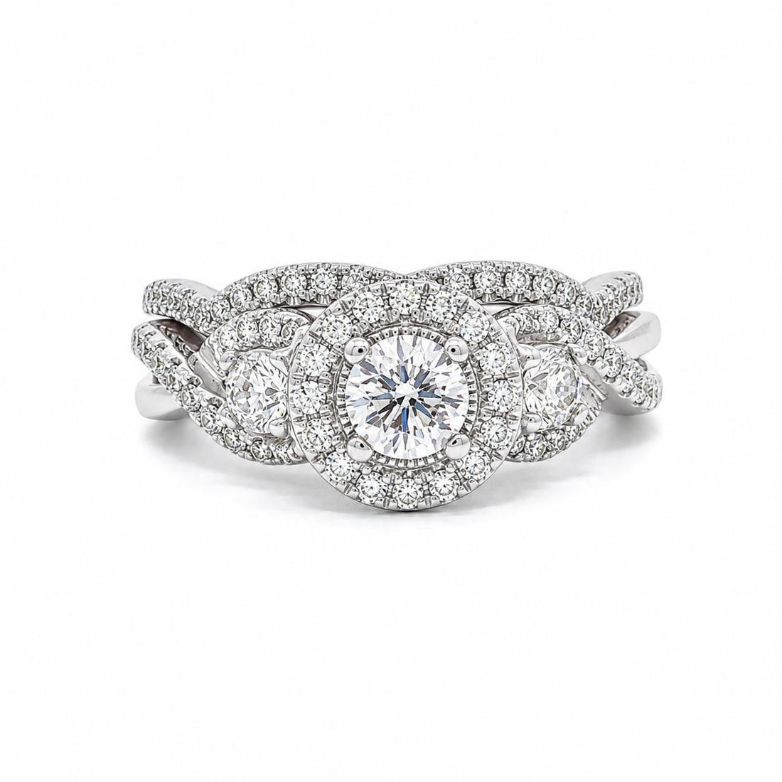 14k White Gold Diamond Bridal Ring Set 1ctw Twist Solitaire Bands: 14k White Gold Diamond Bridal Ring Set 1ctw Twist Solitaire Bands Pre-owned women's ring set featuring a twist-design solitaire engagement ring and matching wedding band in solid 14k white gold. The s