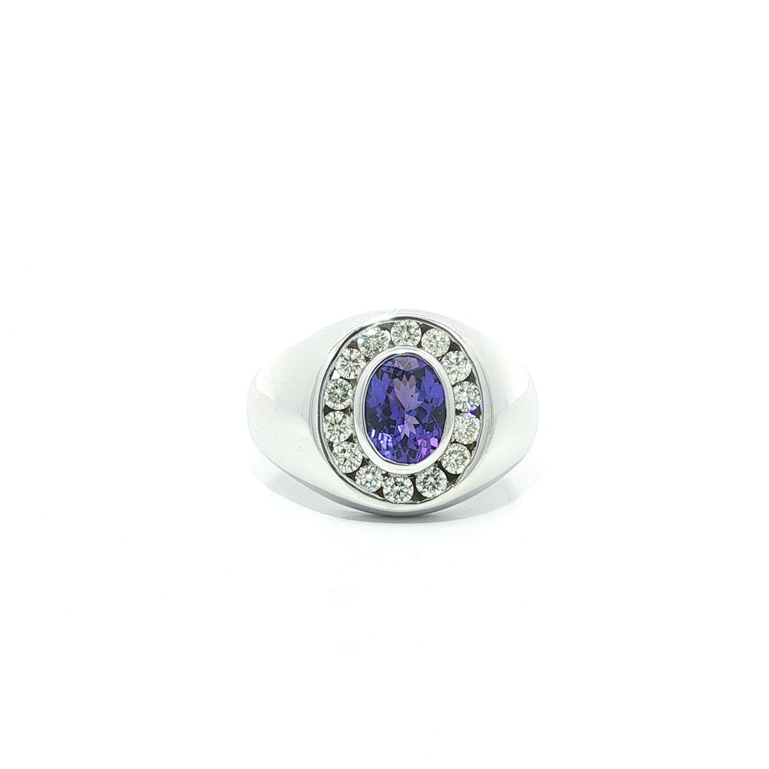 14k White Gold Band Ring with Oval Tanzanite and Diamond Halo (1 of 11)