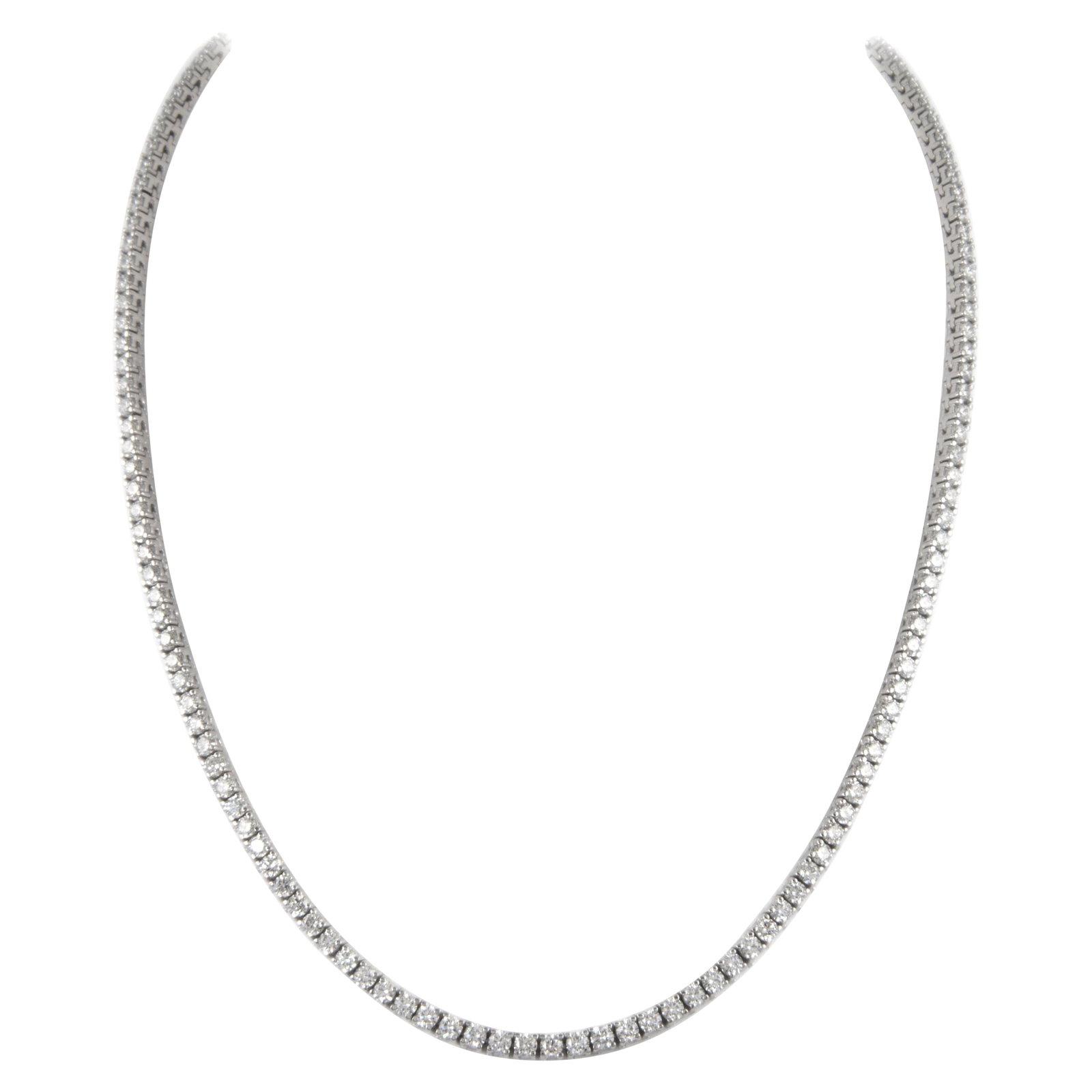 25.17ct Diamond Tennis Necklace in 18k White Gold: 25.17ct Diamond Tennis Necklace in 18k White Gold Contemporary diamond tennis necklace set with 100 round brilliant white diamonds totaling 25.17 carats. Crafted in 18k white gold, this 2022 piece fea