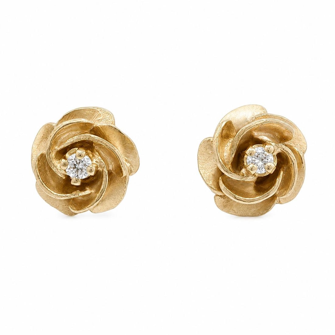 Vintage 10k Yellow Gold Rose Stud Earrings with 2 Diamonds: Vintage 10k Yellow Gold Rose Stud Earrings with 2 Diamonds Vintage rose flower stud earrings crafted in yellow gold with a textured design and set with natural round brilliant cut diamonds. Designed f