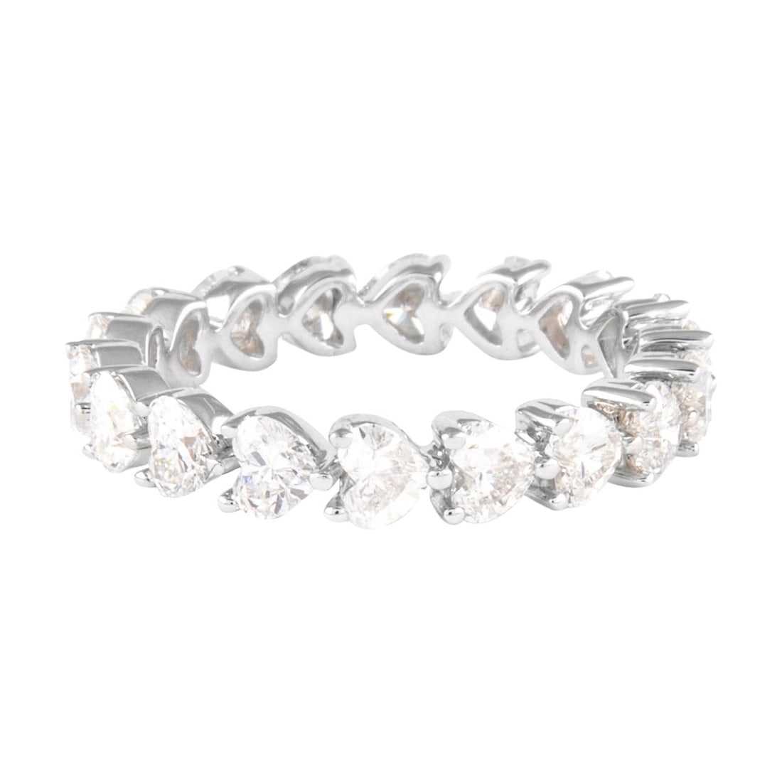 18k White Gold Eternity Ring 2.51ct Heart Diamond VVS: 18k White Gold Eternity Ring 2.51ct Heart Diamond VVS Heart diamond eternity band featuring 18 heart brilliant diamonds with a total weight of 2.51 ct. The diamonds are graded D/E color and VVS clarit