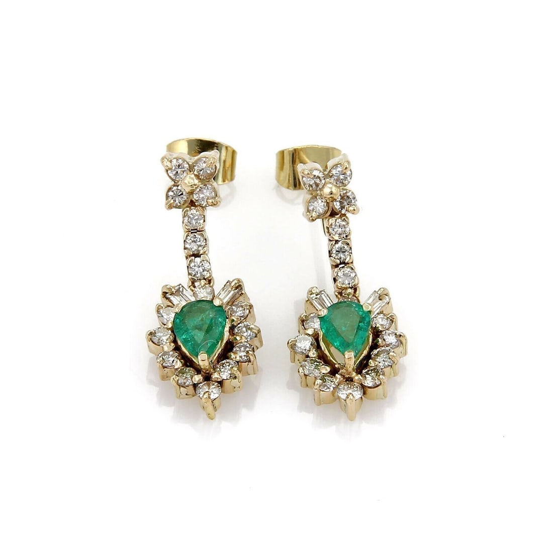 18k Yellow Gold Floral Dangle Earrings with Emerald and Diamond Accents: 18k Yellow Gold Floral Dangle Earrings with Emerald and Diamond Accents Vintage/estate floral dangle earrings crafted in 18k yellow gold, featuring emeralds accented by diamonds in an elegant drop des