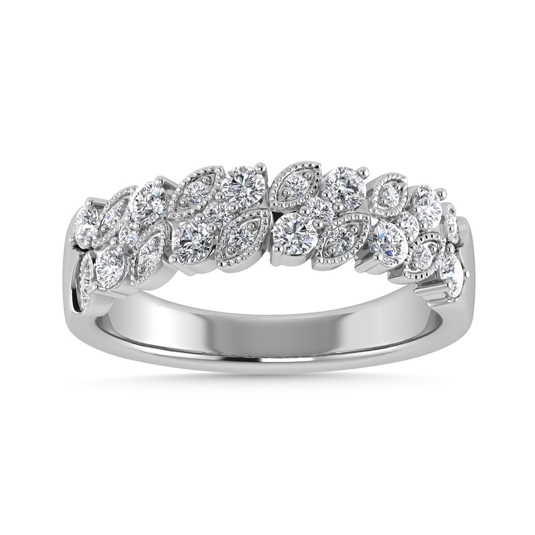Diamond 1/2 Ct.Tw. Fashion Band in 14K White Gold: Diamond 1/2 Ct.Tw. Fashion Band in 14K White Gold 14k White Gold Stone Color: G-h Stone Clarity: Si2 Each ring is presented in standard size 6.5. Complimentary resizing is available between sizes 510 