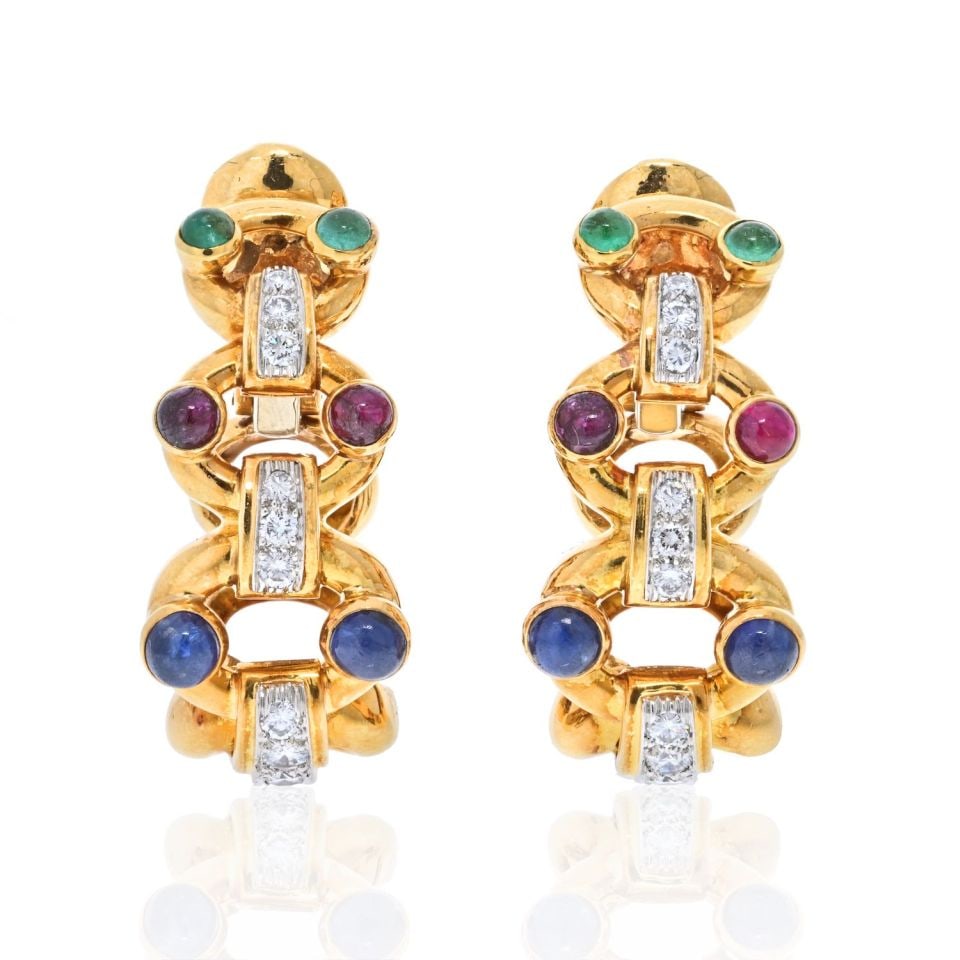 David Webb Platinum 18K Gold Diamond Gemstone Hoop Earrings: David Webb Platinum 18K Gold Diamond Gemstone Hoop Earrings Adorn your ears with these stunning David Webb hoop earrings, expertly crafted from a luxurious combination of platinum and 18K yellow gold.