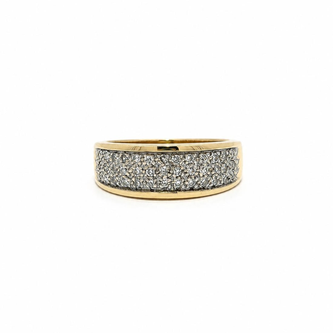 14k Yellow Gold Diamond Pave 3 Row Band Ring 0.30ctw: 14k Yellow Gold Diamond Pave 3 Row Band Ring 0.30ctw A dainty 3-row band ring crafted in solid 14k yellow gold and set with natural single cut pave diamonds. This pre-owned ring features 39 white/colo