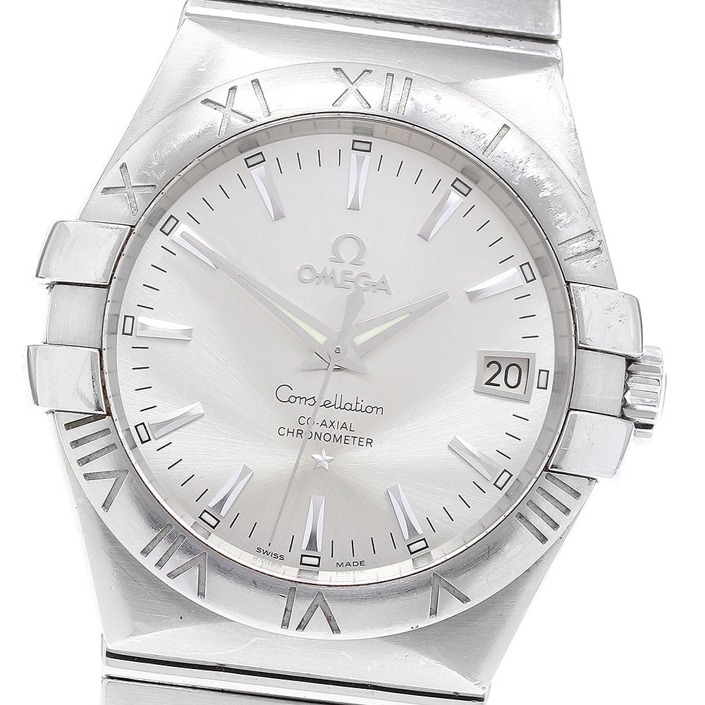 OMEGA Constellation Automatic Date 35mm Mens Stainless Steel Watch 123.10.35.20.02.001: OMEGA Constellation Automatic Date 35mm Mens Stainless Steel Watch 123.10.35.20.02.001 OMEGA Constellation Date automatic men's wristwatch with a silver dial, stainless steel case, and stainless steel