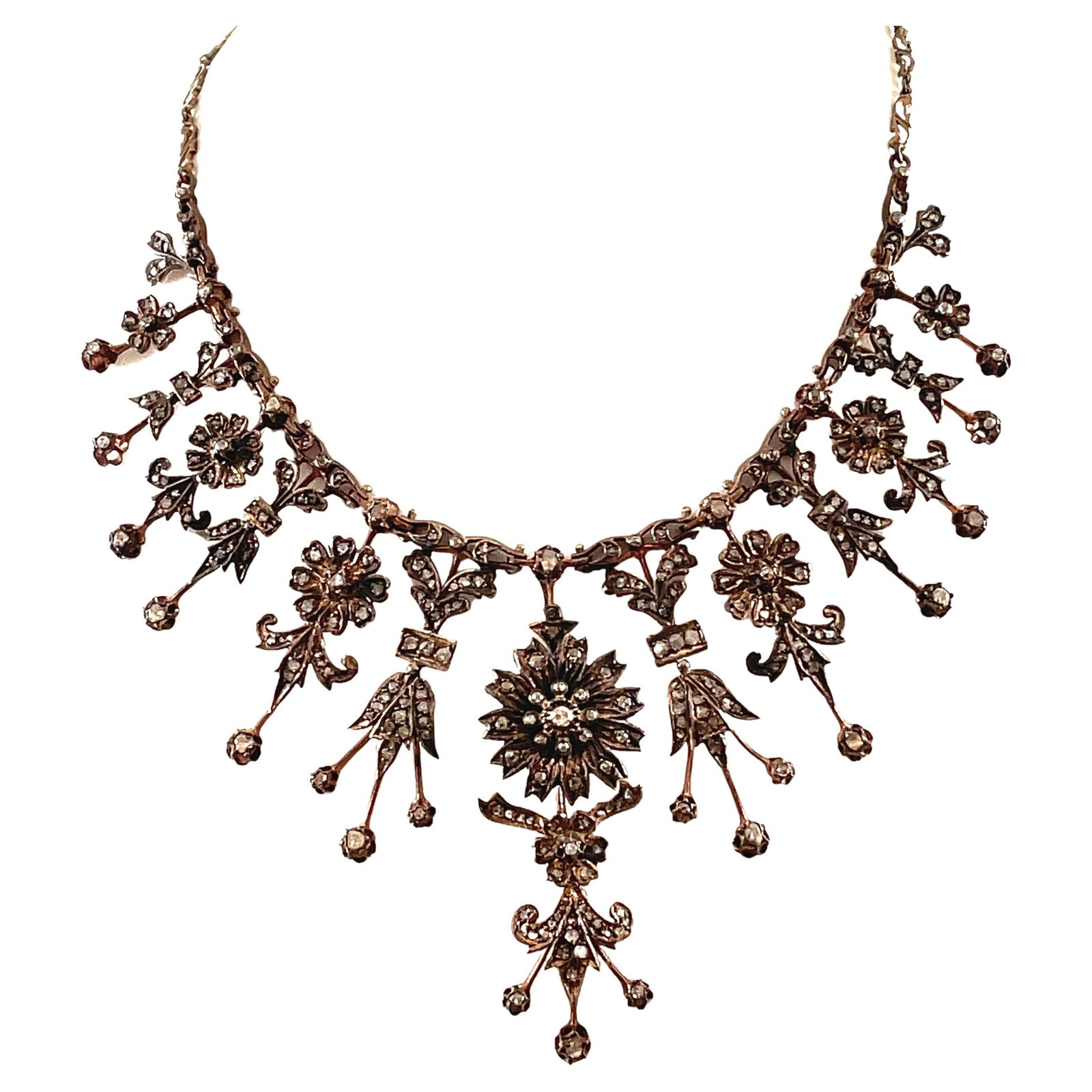 Vintage Victorian 11ct Rose Cut Diamond Necklace Gold Silver 30in: Vintage Victorian 11ct Rose Cut Diamond Necklace Gold Silver 30in This exquisite Vintage Victorian Style necklace features approximately 11 carats of stunning rose cut diamonds, showcasing their uniqu