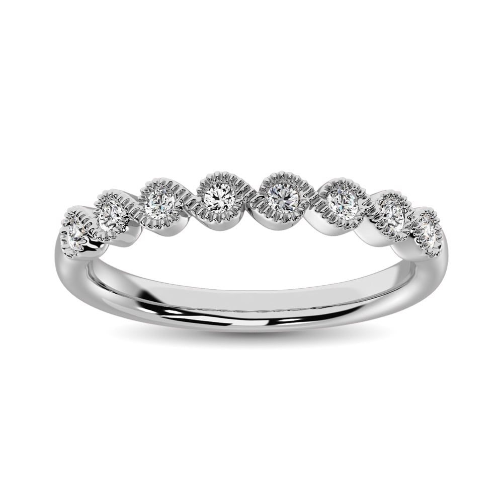 14K White Gold 1/10 Ct.Tw. Diamond Stackable Band: 14K White Gold 1/10 Ct.Tw. Diamond Stackable Band This Amazing Stackable band Is Available In 14K White Gold. There Are 8 Round Diamonds With A Total Carat Weight Of 1/10 Ct.Tw. Set In A Bezel Setting