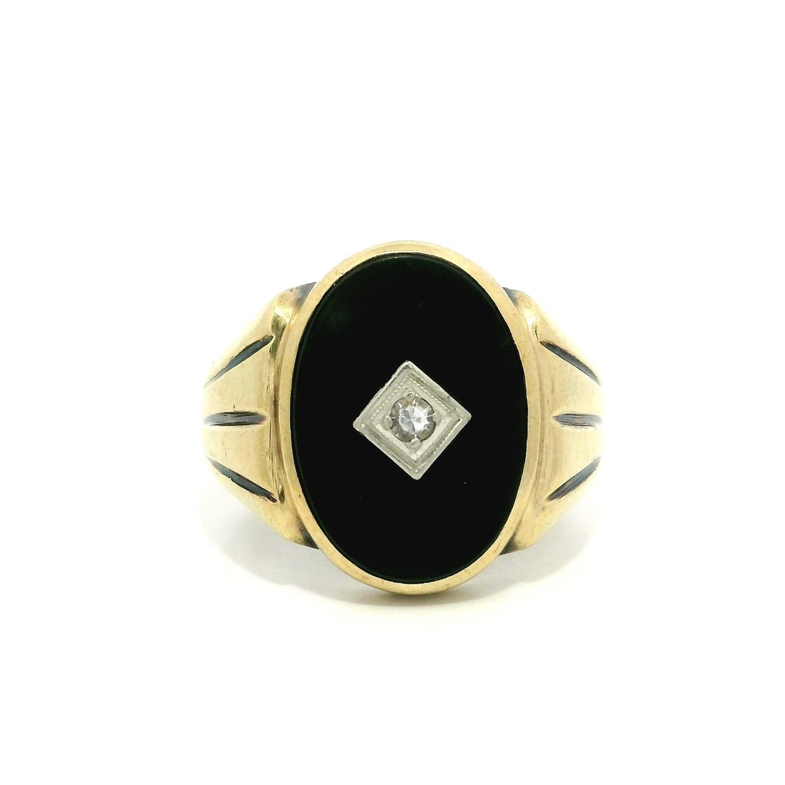 Antique Art Nouveau 10k Yellow Gold Signet Ring with Black Onyx and Cubic Zirconia: Antique Art Nouveau 10k Yellow Gold Signet Ring with Black Onyx and Cubic Zirconia This exquisite Antique Art Nouveau Signet Ring is crafted in solid 10k yellow gold, showcasing a stunning natural bla