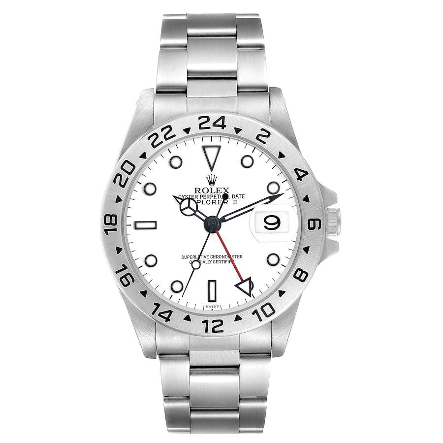 Rolex Explorer II 16570 mens watch with Oyster bracelet and papers: Rolex Explorer II 16570 mens watch with Oyster bracelet and papers Rolex Explorer II reference 16570 with a polar white dial and Oyster bracelet. This men's watch includes papers and is identified as 