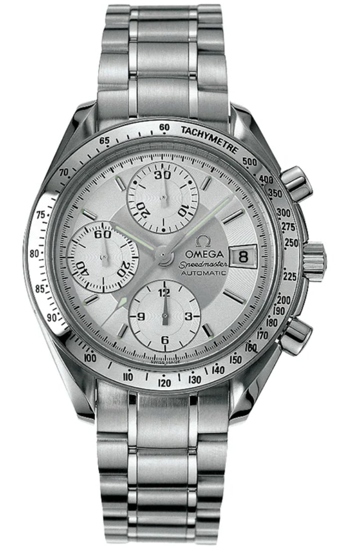 Omega 3513.30 Speedmaster Date watch silver dial steel bracelet card: Omega 3513.30 Speedmaster Date watch silver dial steel bracelet card Omega Speedmaster Date wristwatch with a silver dial, fixed tachymeter bezel, and stainless steel bracelet. This unisex watch is id