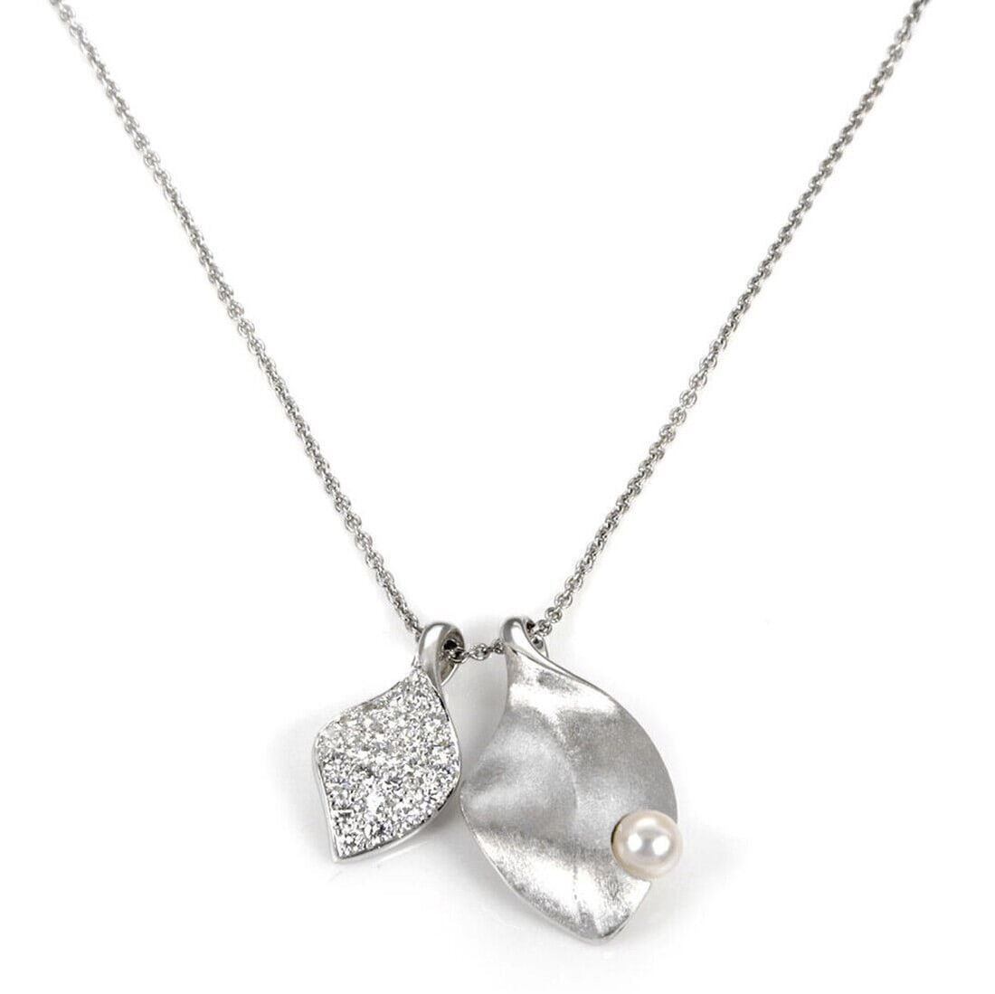 Mikimoto Double Leaf Pendant Necklace in 18k White Gold with Akoya Pearl: Mikimoto Double Leaf Pendant Necklace in 18k White Gold with Akoya Pearl Signed Mikimoto pendant necklace in 18k white gold with an asymmetrical double leaf design. One leaf is accented with diamonds 