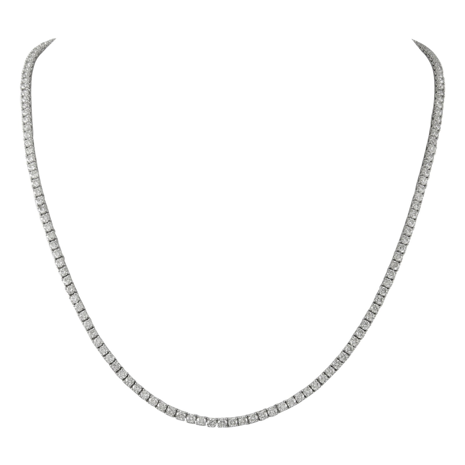 Diamond Tennis Necklace 9.57ct 22in 14k White Gold: Diamond Tennis Necklace 9.57ct 22in 14k White Gold Contemporary diamond tennis necklace set with 9.57 carats of round brilliant white diamonds in 14k white gold. This 22-inch necklace was made in 2022