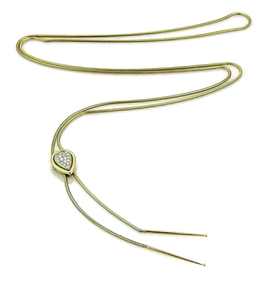 Unbranded 14k Two Tone Gold Lariat Necklace with Pear Diamond Slider 34": Unbranded 14k Two Tone Gold Lariat Necklace with Pear Diamond Slider 34" Vintage estate necklace in solid 14k two-tone gold featuring a long polished snake chain and a pear-shaped diamond slider penda