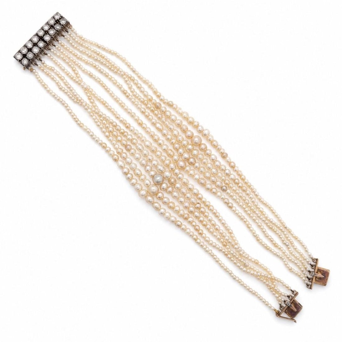 French Victorian Bracelet in 18K Yellow Gold Silver Top Pearls and Diamonds: French Victorian Bracelet in 18K Yellow Gold Silver Top Pearls and Diamonds Victorian French bracelet crafted in 18K yellow gold with a silver top, set with natural pearls and rose-cut diamonds. This 