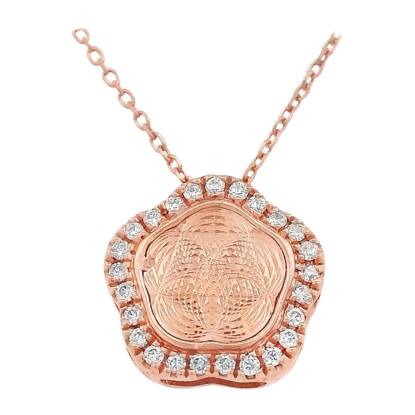 14k Rose Gold Diamond Pendant Necklace Abstract Design: 14k Rose Gold Diamond Pendant Necklace Abstract Design Natural diamond abstract shape pendant necklace in 14k rose gold with round white diamonds in a contemporary design. This un-used necklace featur