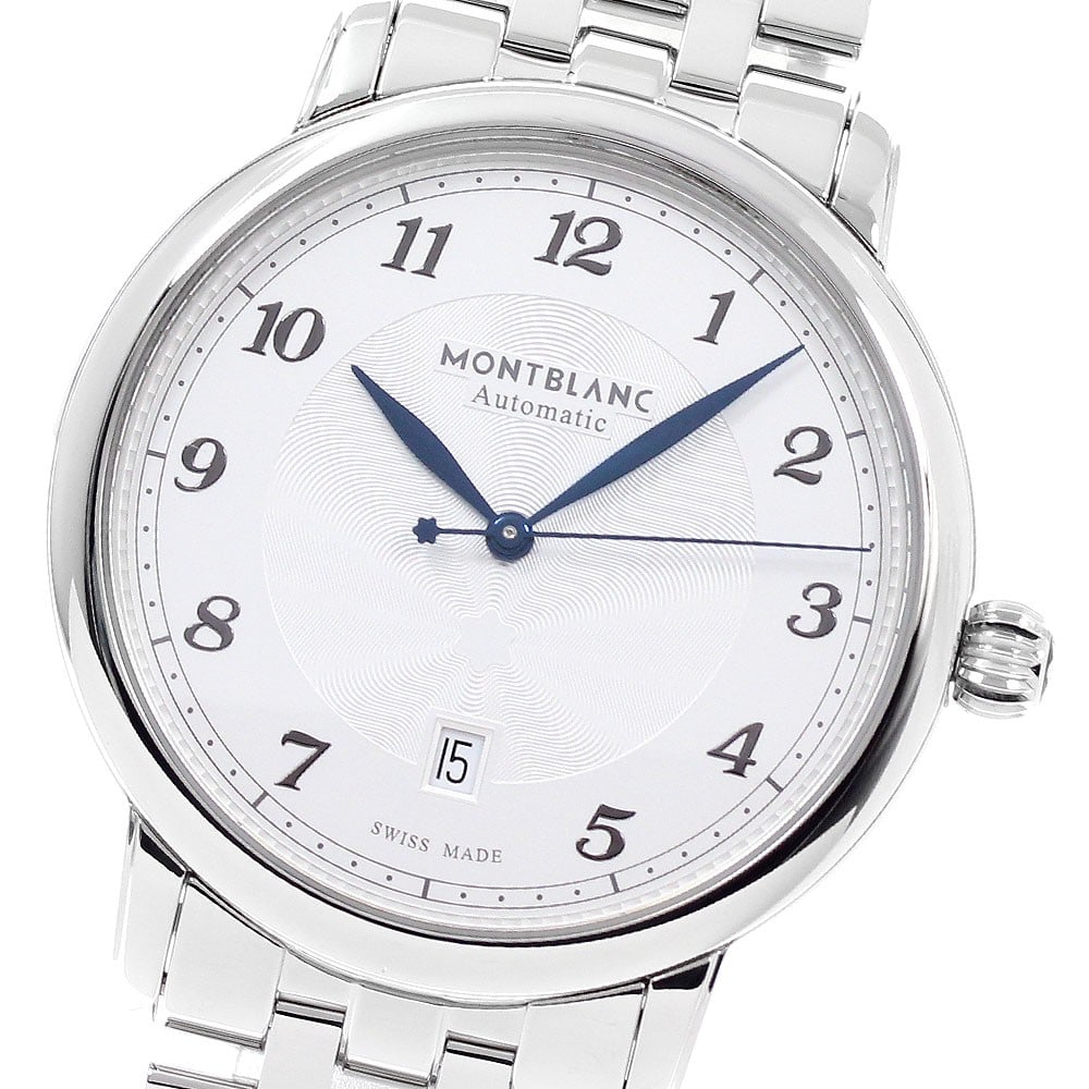 Montblanc Star Legacy 117324 automatic date mens wristwatch: Montblanc Star Legacy 117324 automatic date mens wristwatch Montblanc Star Legacy Date automatic men's wristwatch with a silver dial, stainless steel case, and stainless steel bracelet. This watch fea
