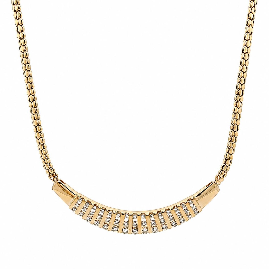 14k Yellow Gold Diamond Pendant Necklace with Flat Popcorn Chain: 14k Yellow Gold Diamond Pendant Necklace with Flat Popcorn Chain Pre-owned women's necklace and pendant featuring a curved pendant with channel-set natural diamonds on a flat popcorn chain. The diamon