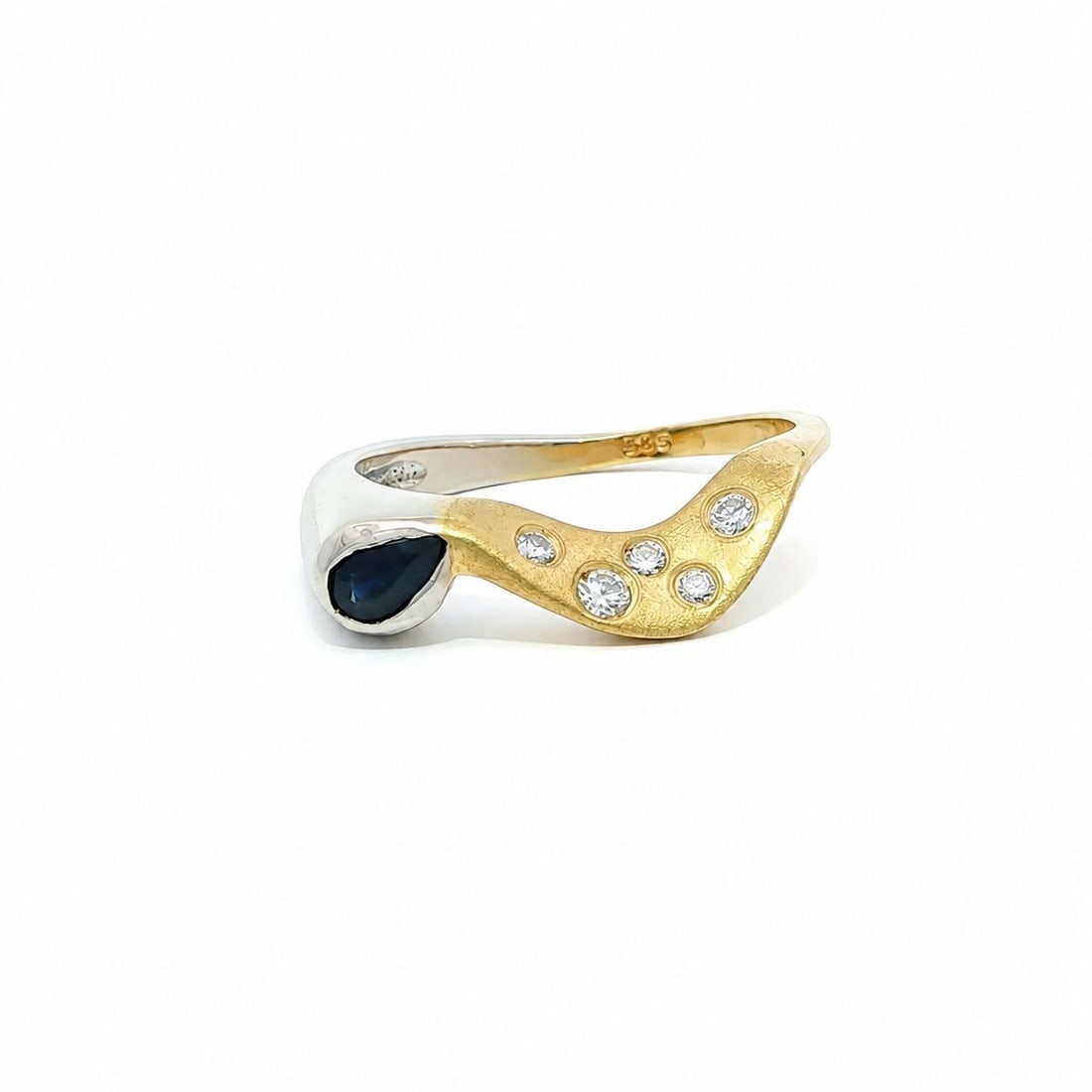 14k Two Tone Gold Freeform Band Ring with Pear Sapphire and 5 Diamonds: 14k Two Tone Gold Freeform Band Ring with Pear Sapphire and 5 Diamonds Pre-owned women's band ring crafted in solid 14k yellow and white gold with a wavy freeform design. It features one natural pear-