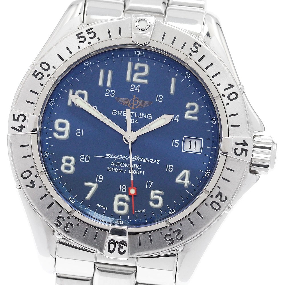 Breitling Superocean A17340 automatic mens date wristwatch: Breitling Superocean A17340 automatic mens date wristwatch Breitling Superocean Date automatic men's wristwatch with a blue dial, stainless steel case, and stainless steel bracelet. This watch feature