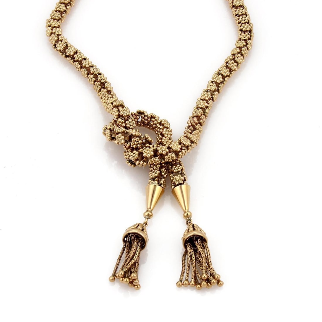 Vintage 14kt Gold Floral Beaded Tassel Necklace 19" Long 138g: Vintage 14kt Gold Floral Beaded Tassel Necklace 19" Long 138g This exquisite vintage necklace showcases a stunning design crafted in 14kt yellow gold. The necklace features a unique arrangement of bea