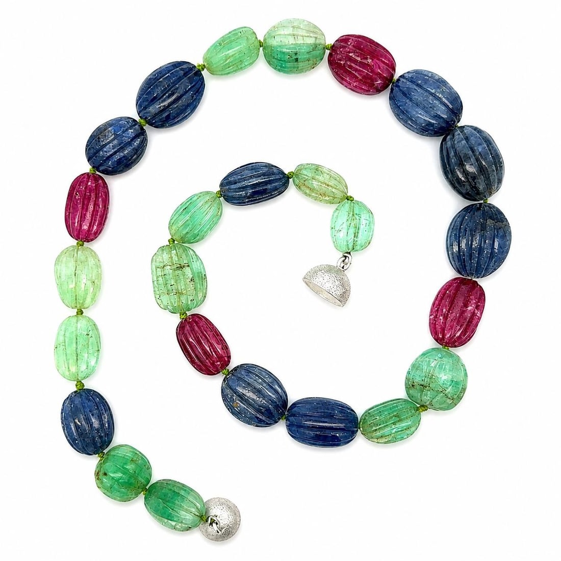 Beaded Necklace with Emerald Ruby Sapphire Carved Beads 19in: Beaded Necklace with Emerald Ruby Sapphire Carved Beads 19in Beaded necklace featuring carved natural emerald, ruby, and sapphire beads in green, red, and blue, finished with a sterling silver magneti