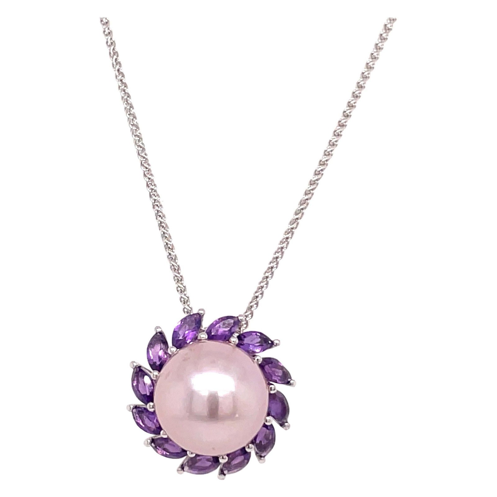 14K White Gold Pendant with Pink Freshwater Pearl and Amethyst: 14K White Gold Pendant with Pink Freshwater Pearl and Amethyst Contemporary 14 karat white gold pendant featuring one pink freshwater pearl accented by 12 marquise cut amethysts. This piece was manufa