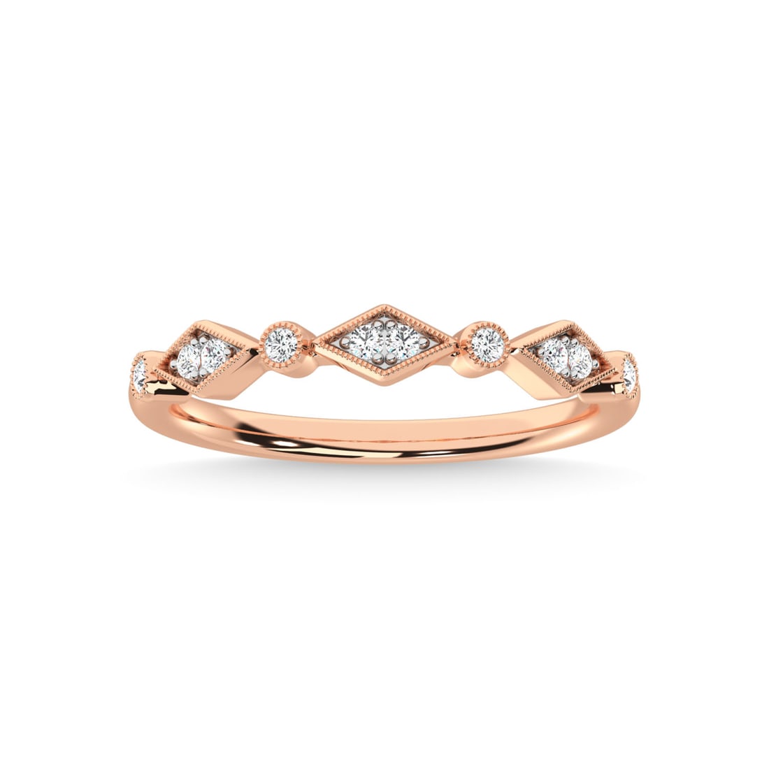 14K Rose Gold Diamond 1/8 Ct.Tw. Stackable Band: 14K Rose Gold Diamond 1/8 Ct.Tw. Stackable Band 14k Rose Gold Stone Color: G-h Stone Clarity: Si3 Each ring is presented in standard size 6.5. Complimentary resizing is available between sizes 510 (in