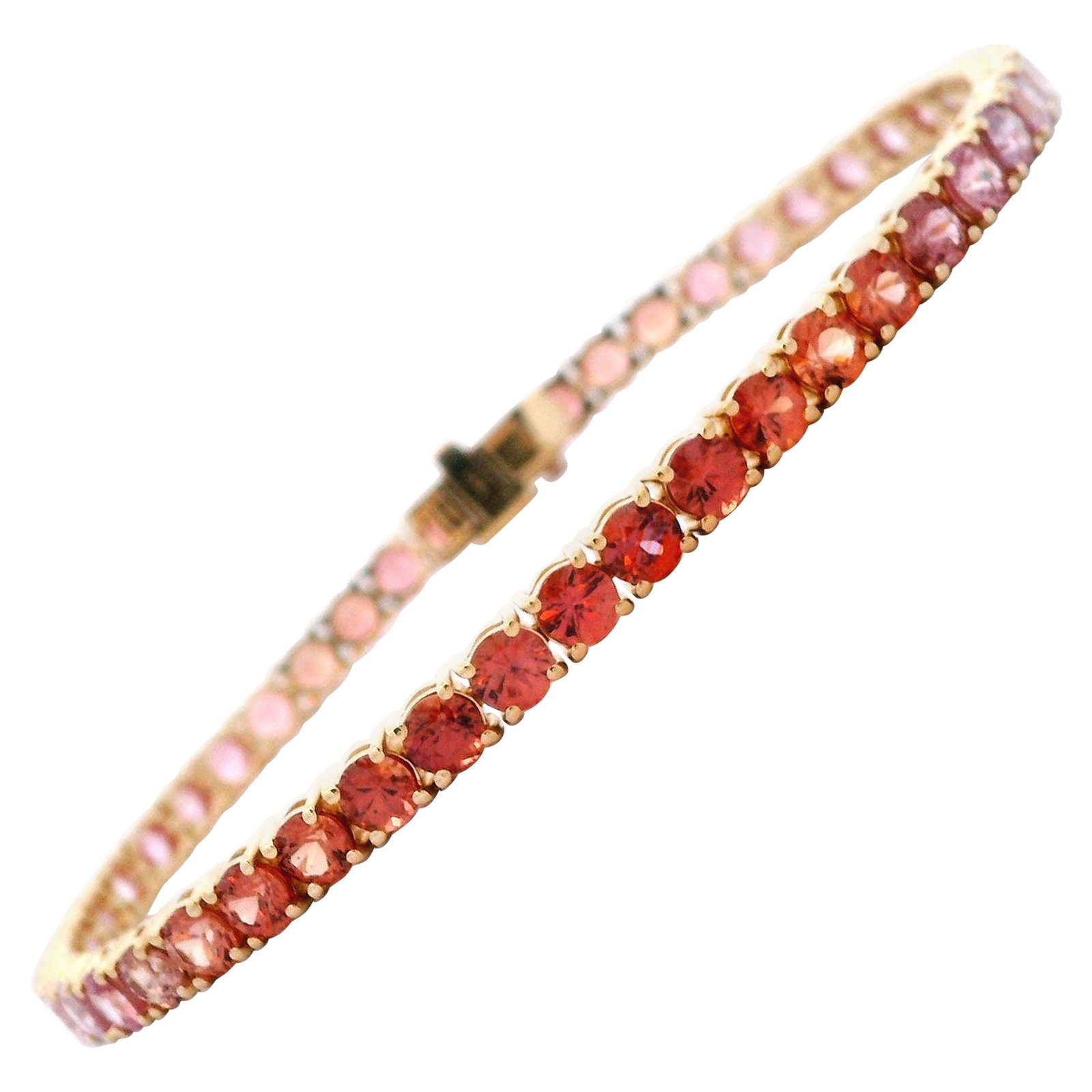 18k Yellow Gold Tennis Bracelet 9.37ct Pink Sapphire: 18k Yellow Gold Tennis Bracelet 9.37ct Pink Sapphire Un-used contemporary tennis bracelet set with 48 round pink sapphires totaling 9.37 ct in 18k yellow gold. The bracelet features a four-prong setti