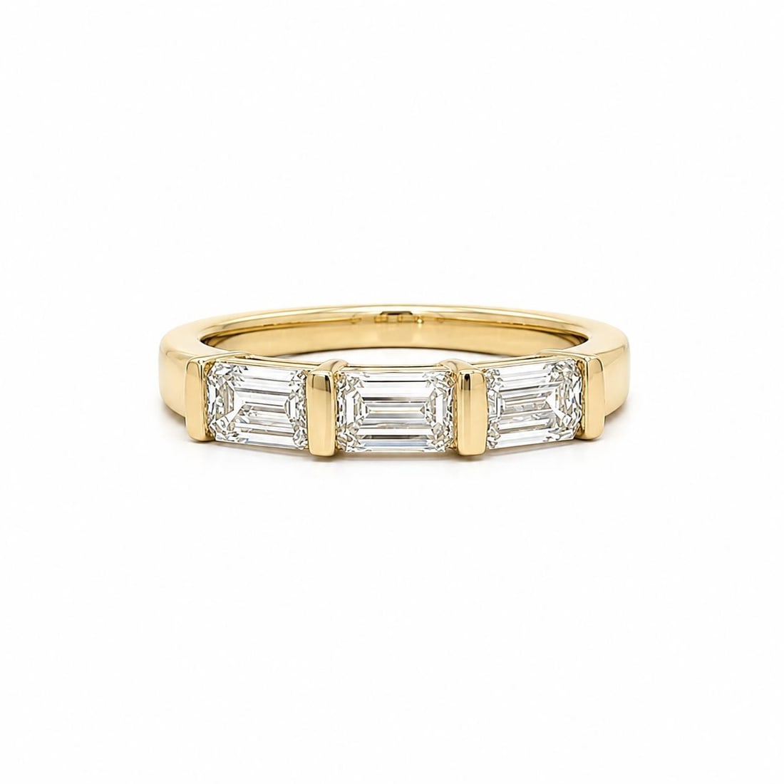 GIA 1.08ctw 3 Diamond East West 18k Yellow Gold Band Ring: GIA 1.08ctw 3 Diamond East West 18k Yellow Gold Band Ring Un-used women's cocktail band ring crafted in solid 18k yellow gold and set east-west with three natural emerald-cut diamonds in a bar channel