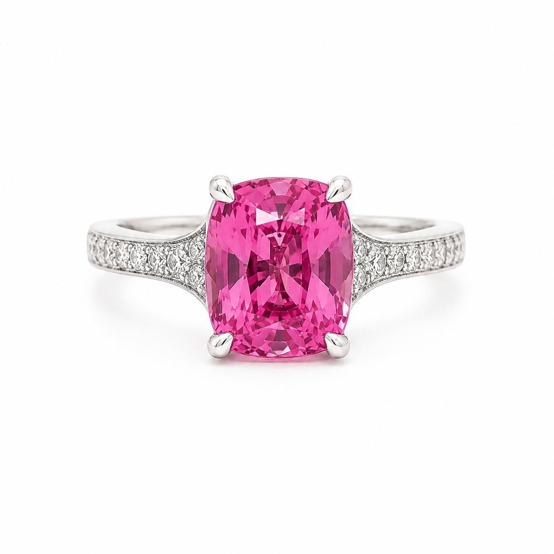 GIA Certified Pink Spinel Ring in Platinum with Pave Diamond Shoulders: GIA Certified Pink Spinel Ring in Platinum with Pave Diamond Shoulders Cocktail ring featuring a natural cushion-cut pure pink spinel accented by pave-set round brilliant diamonds on the shoulders. Cr