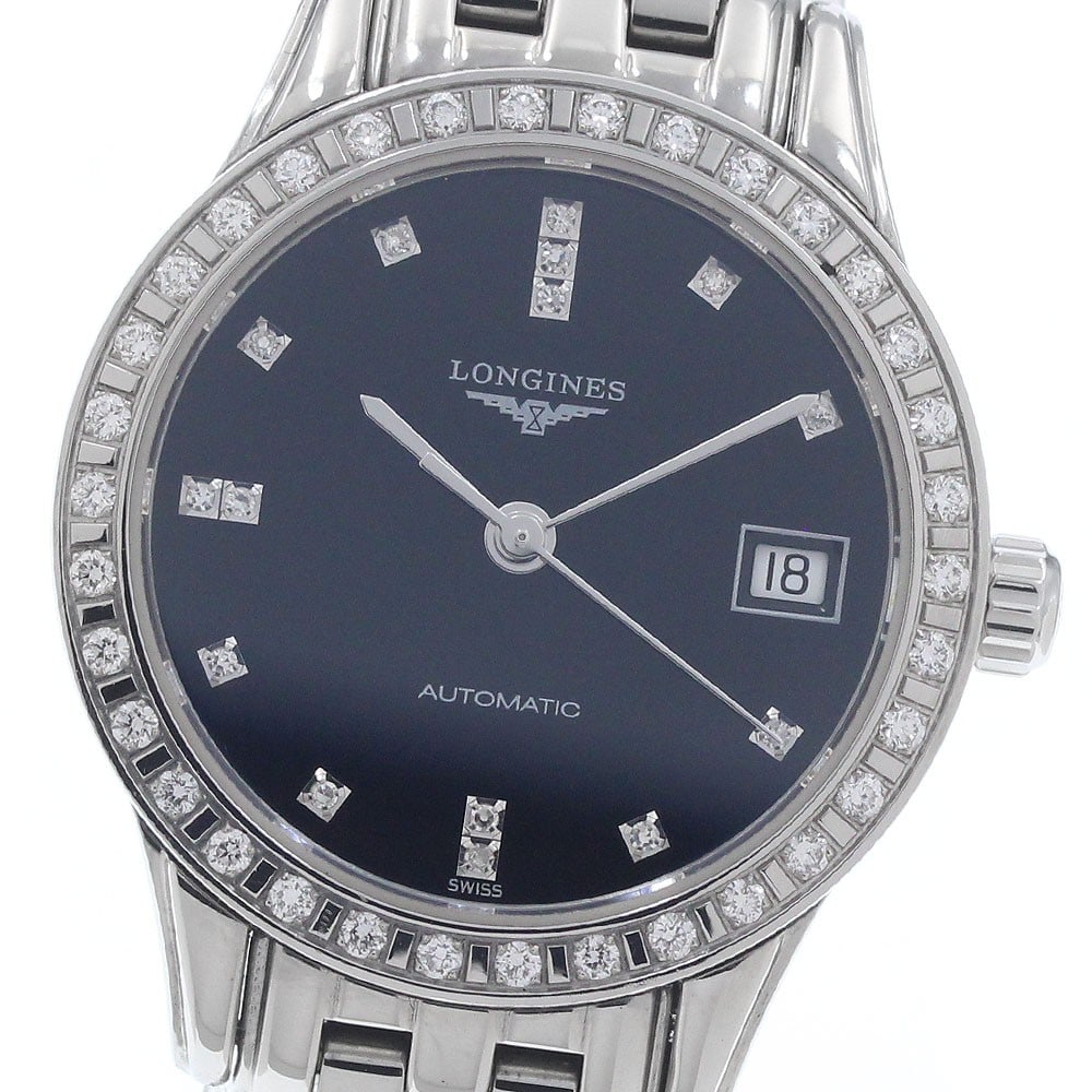 Longines Flagship L4.274.0 womens automatic watch with date diamond bezel: Longines Flagship L4.274.0 womens automatic watch with date diamond bezel Longines Flagship women's wristwatch with a diamond bezel, black dial, automatic movement, and date display. The watch-only of