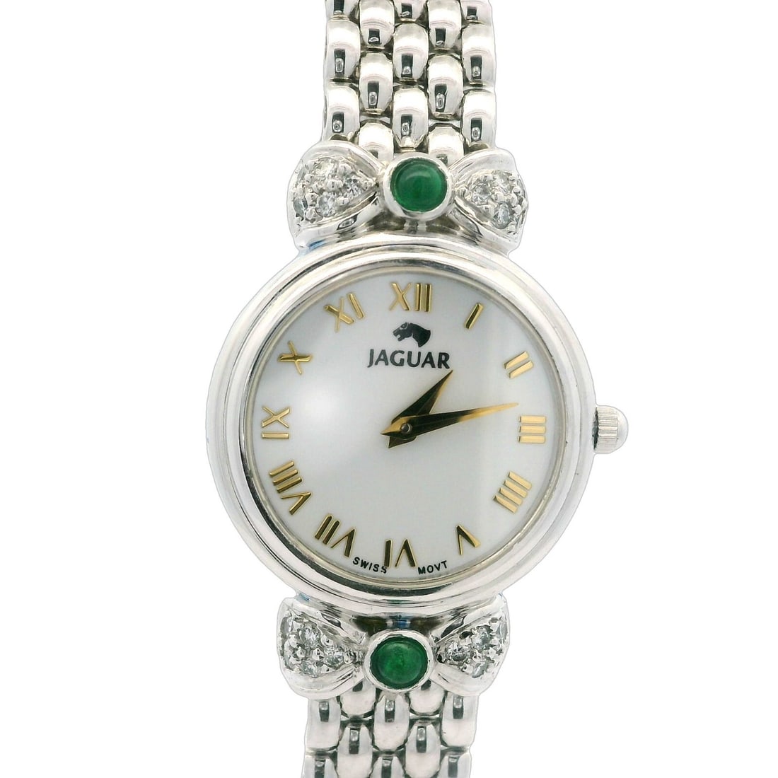 Jaguar Platinum 22mm Diamond Emerald Ribbon Wristwatch Bracelet: Jaguar Platinum 22mm Diamond Emerald Ribbon Wristwatch Bracelet This exquisite Jaguar wristwatch features a stunning blend of luxury and style with its solid platinum construction and elegant design. 