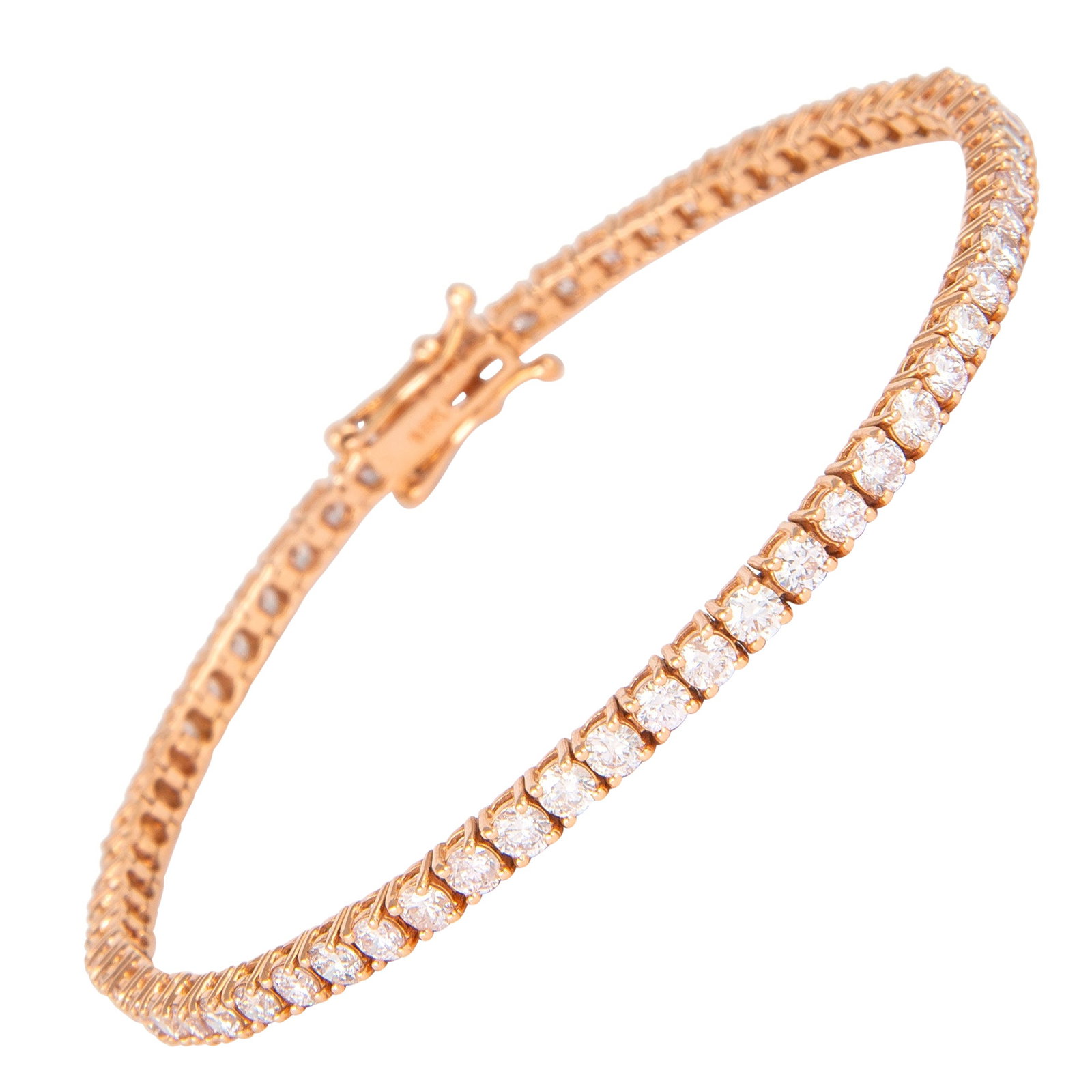 Diamond Tennis Bracelet 4.05ct 14k Rose Gold: Diamond Tennis Bracelet 4.05ct 14k Rose Gold Diamond tennis bracelet set with 63 round brilliant diamonds totaling 4.05 ct in a four-prong 14k rose gold setting. The diamonds are approximately Very Li