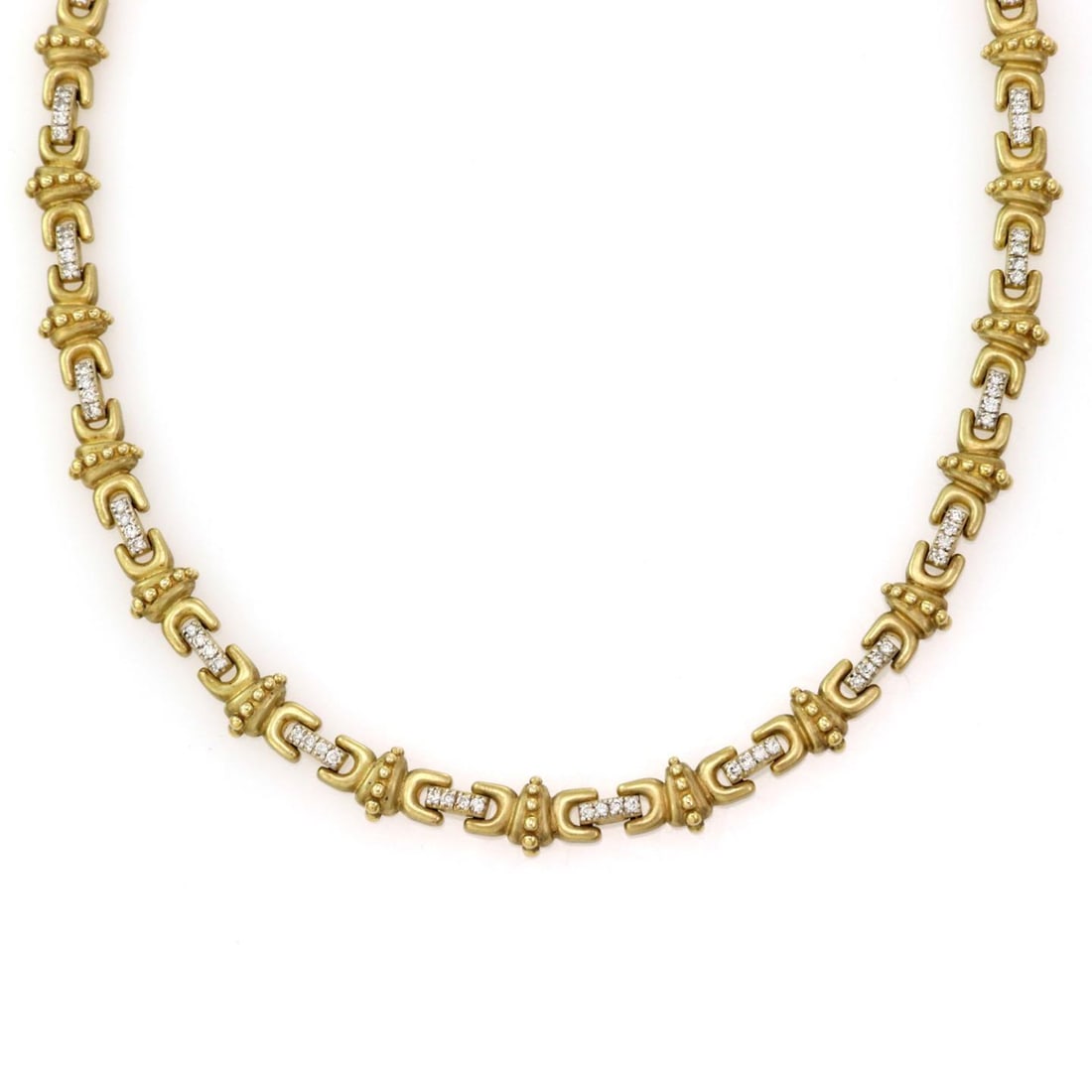 14k Yellow Gold Diamond Collar Necklace 2.00ct Satin Finish 17": 14k Yellow Gold Diamond Collar Necklace 2.00ct Satin Finish 17" This exquisite collar necklace is made from 14k yellow gold featuring a beautiful satin finish. The design incorporates alternating fine
