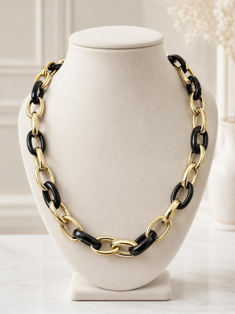 18k Yellow Gold Necklace with Black Onyx Oval Links 19 in: 18k Yellow Gold Necklace with Black Onyx Oval Links 19 in Vintage chain necklace crafted in solid 18k yellow gold with black onyx formed links in an open oval design. This women's necklace features 10