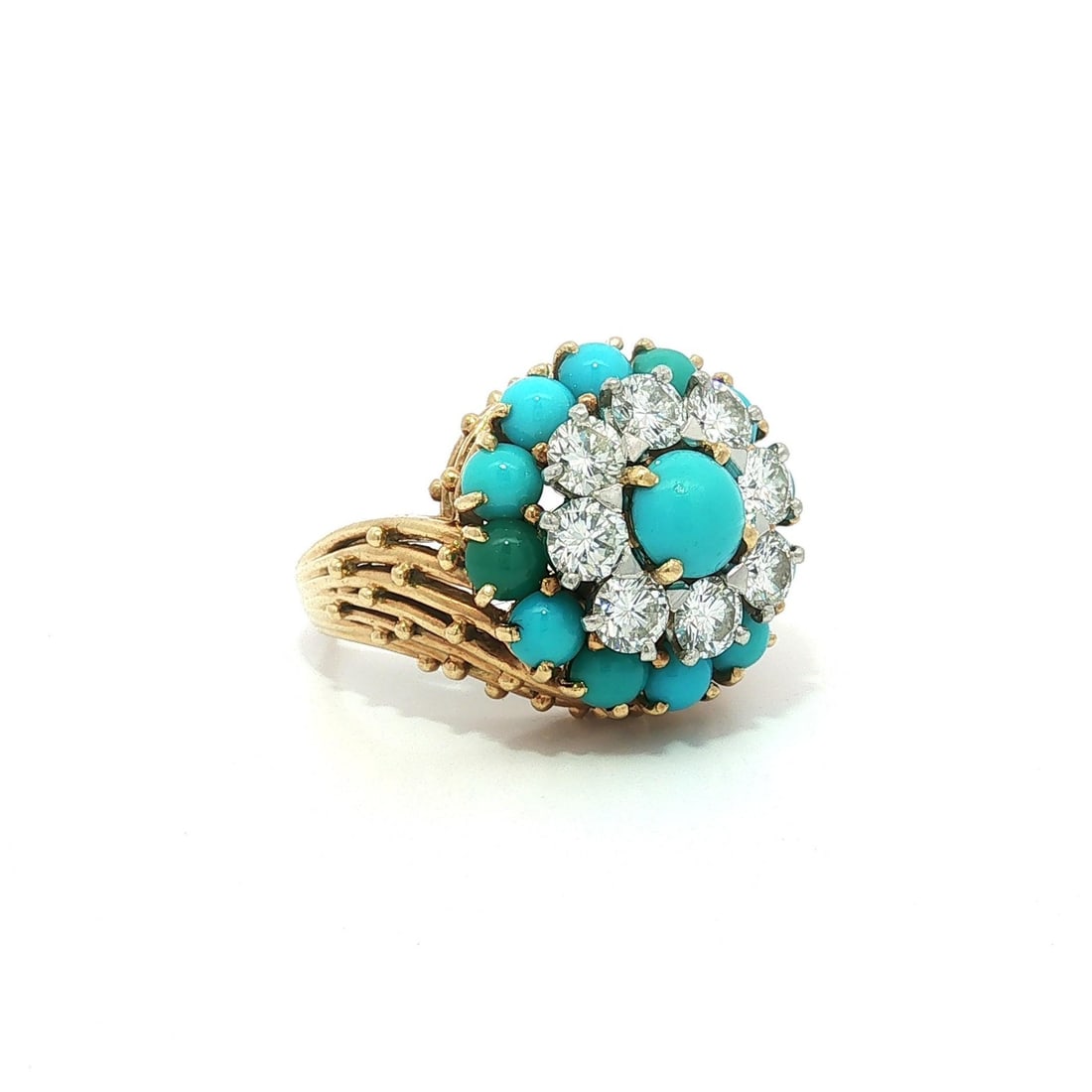 Cartier Paris Swirl Ring 18k Yellow Gold Turquoise Diamond France: Cartier Paris Swirl Ring 18k Yellow Gold Turquoise Diamond France Vintage Cartier Paris handmade swirl ring crafted in solid 18k yellow gold with a platinum top. This women's ring features natural tur