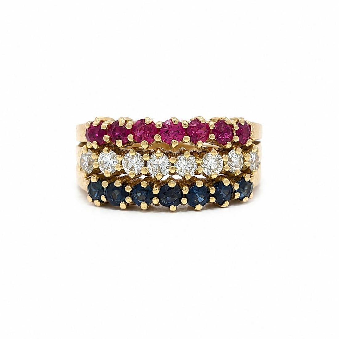 18k Yellow Gold 3 Row Band Ring with Ruby Sapphire and Diamonds: 18k Yellow Gold 3 Row Band Ring with Ruby Sapphire and Diamonds Vintage three-row band ring crafted in solid 18k yellow gold and set with natural rubies, sapphires, and diamonds. This women's ring has