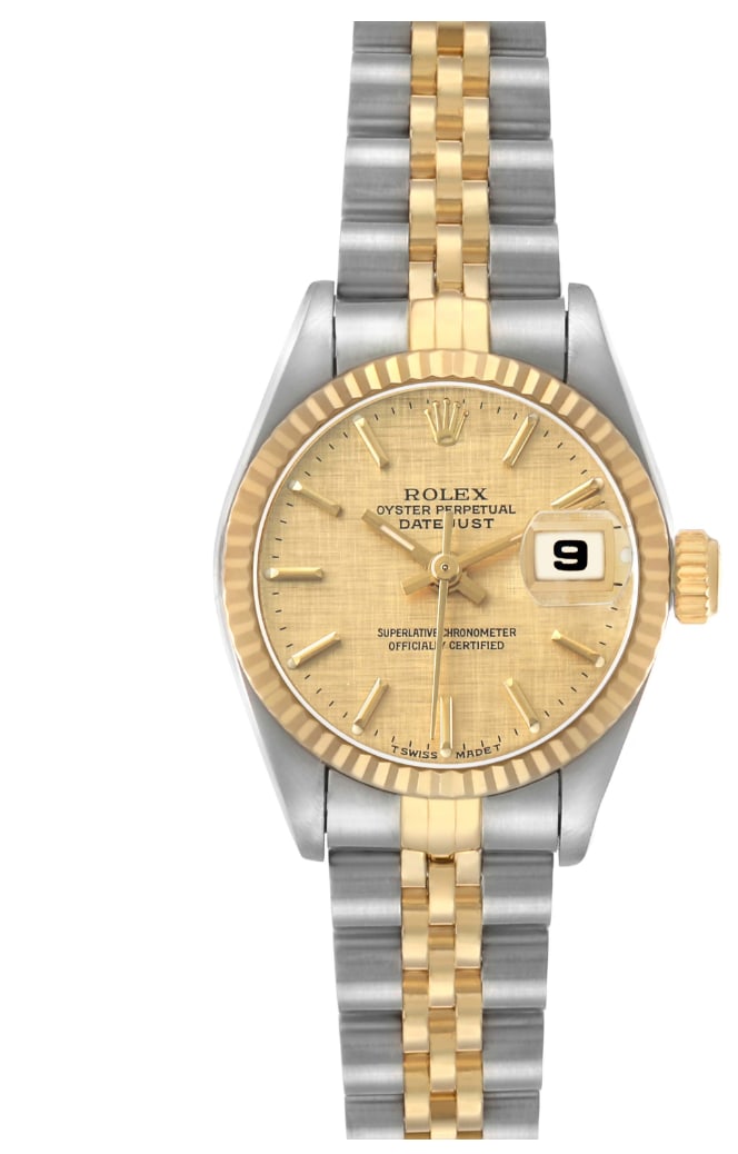 Rolex 69173 Lady-Datejust watch champagne linen dial fluted bezel: Rolex 69173 Lady-Datejust watch champagne linen dial fluted bezel Rolex Lady-Datejust wristwatch featuring a champagne linen stick dial, fluted bezel, and stainless steel and yellow gold bracelet. Thi