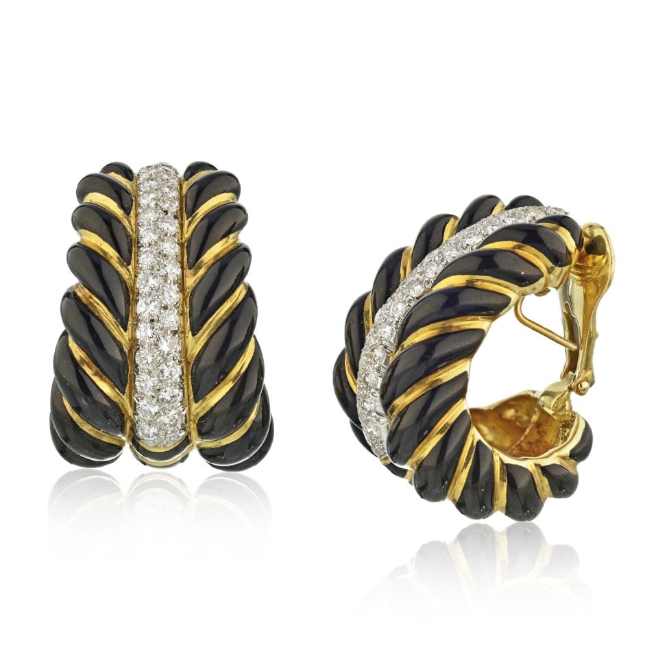 David Webb Black Enamel Diamond Clip Earrings Platinum 18K Yellow Gold: David Webb Black Enamel Diamond Clip Earrings Platinum 18K Yellow Gold A pair of David Webb bombe shrimp earrings featuring black enamel and pave-set round diamonds in platinum and 18K yellow gold. De