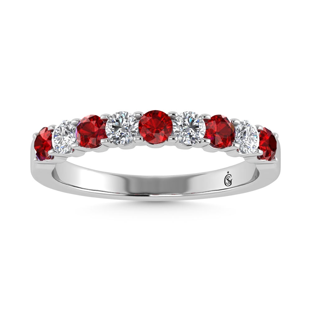 14K White Gold Machine Set Alternate Ruby and Diamond 7/8 Ct.Tw. Band: 14K White Gold Machine Set Alternate Ruby and Diamond 7/8 Ct.Tw. Band 14k White Gold Stone Color: G-h Stone Clarity: I2 Each ring is presented in standard size 6.5. Complimentary resizing is available