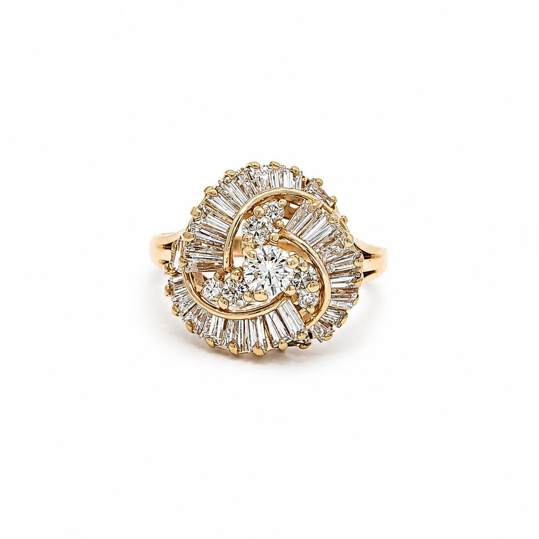 14K Yellow Gold Cocktail Ring 1.25ctw Round Baguette Diamonds: 14K Yellow Gold Cocktail Ring 1.25ctw Round Baguette Diamonds Pre-owned cocktail ring crafted in solid 14k yellow gold and set with natural genuine diamonds in round brilliant and baguette cuts. This 